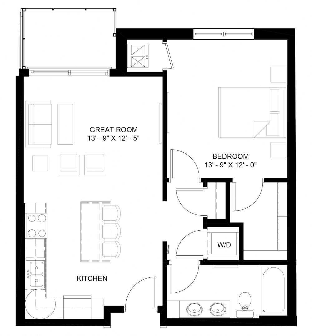 Floor plan for 1 bed, 1 bath, 733 sqft